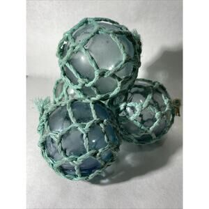 Vintage Japanese Blue Glass Fishing Floats Orbs Nautical Decor with Netting 4 pc